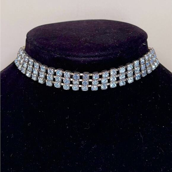 Vintage Necklace Baby Blue Rhinestone 13" Choker Vtg Costume Jewelry M03 - Picture 1 of 7
